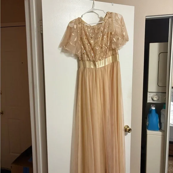 shein gold formal dress SHEIN Off Shoulder Mesh Panel Sequin Prom Dress | Dress main image 0